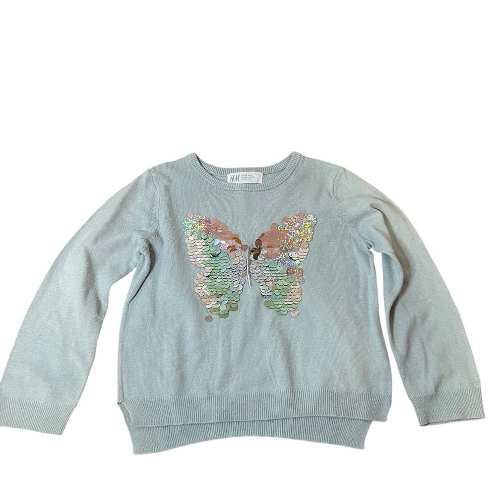 H&M| Kids Mint/Green Knit Sweater with Multicolor Butterfly Sequins- Size 3-4